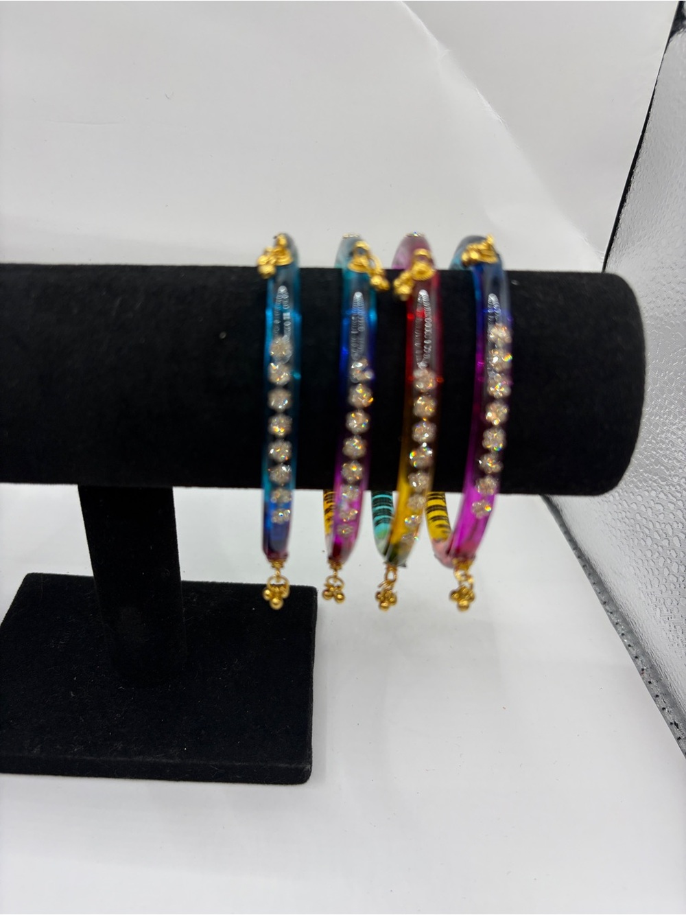 Multicolor Kundan Crystal Glass Accent Kashmiri Women's Bangles - Set of 4 - Picture 4 of 5